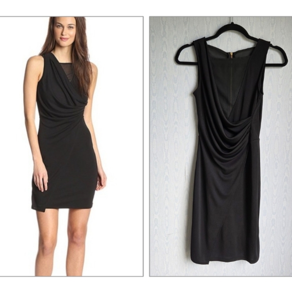 French Connection 0 Black Faux Wrap Sleeveless Mesh Inset Mini Dress Stretch LBD - Picture 1 of 11